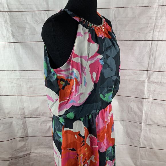 MSK Dress Floral Midi Party Wedding high-low Jeweled 8 M Kaftan lined elastic - Picture 14 of 16